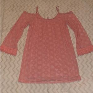 Coral patterned, cold shoulder dress
